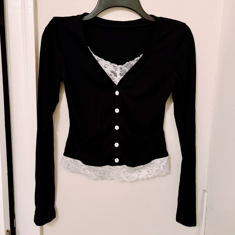 SHEIN Black Long Sleeve with White Lace Top